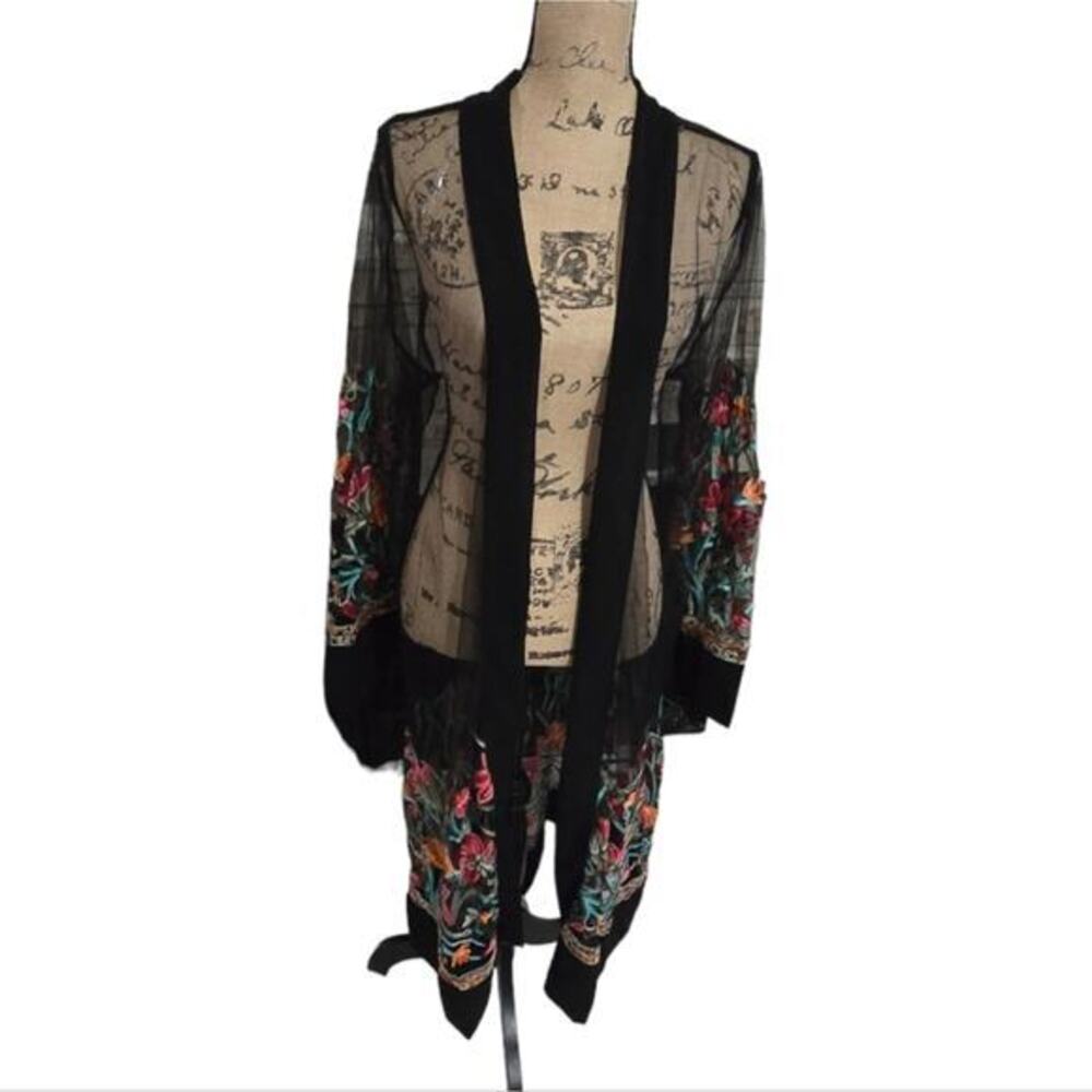Liv Los Angeles Embroidered Floral Mesh Sheer Kimono‎ Duster Plus Size 3X New
